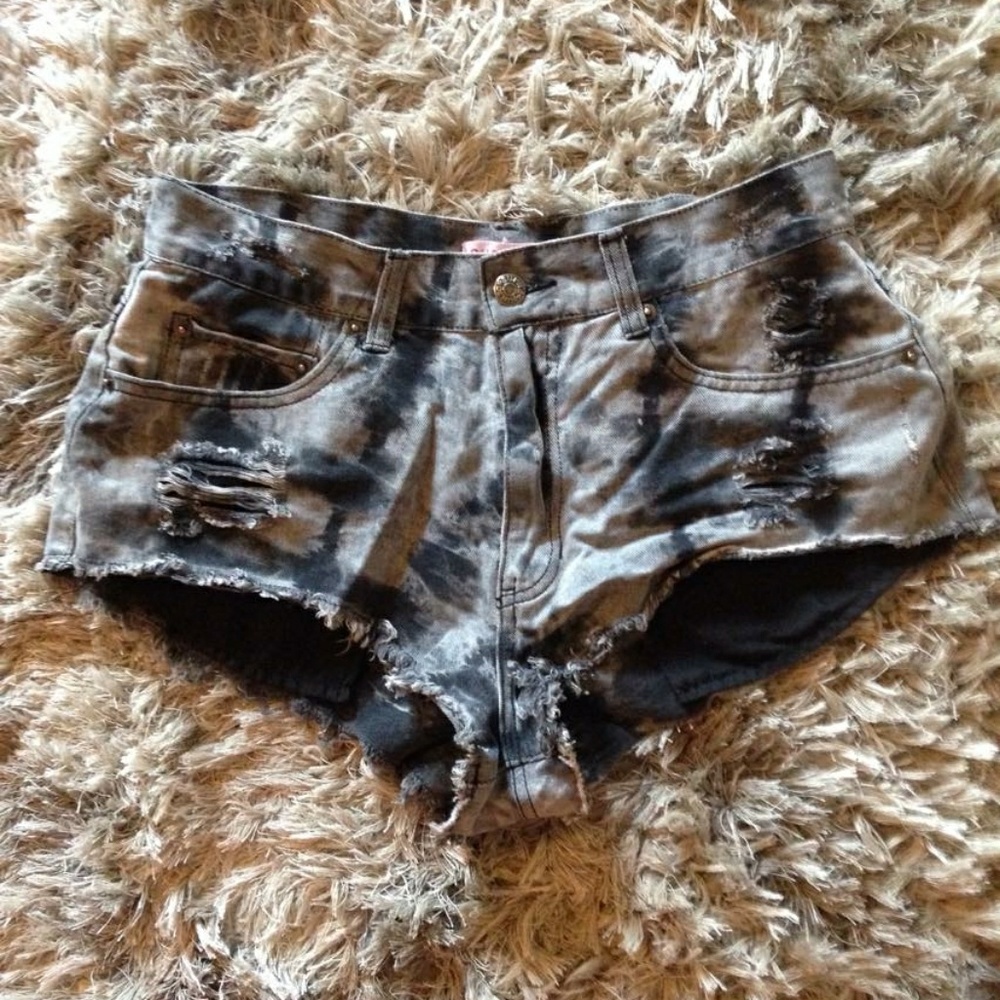 Distressed tie dye high-waisted shorts